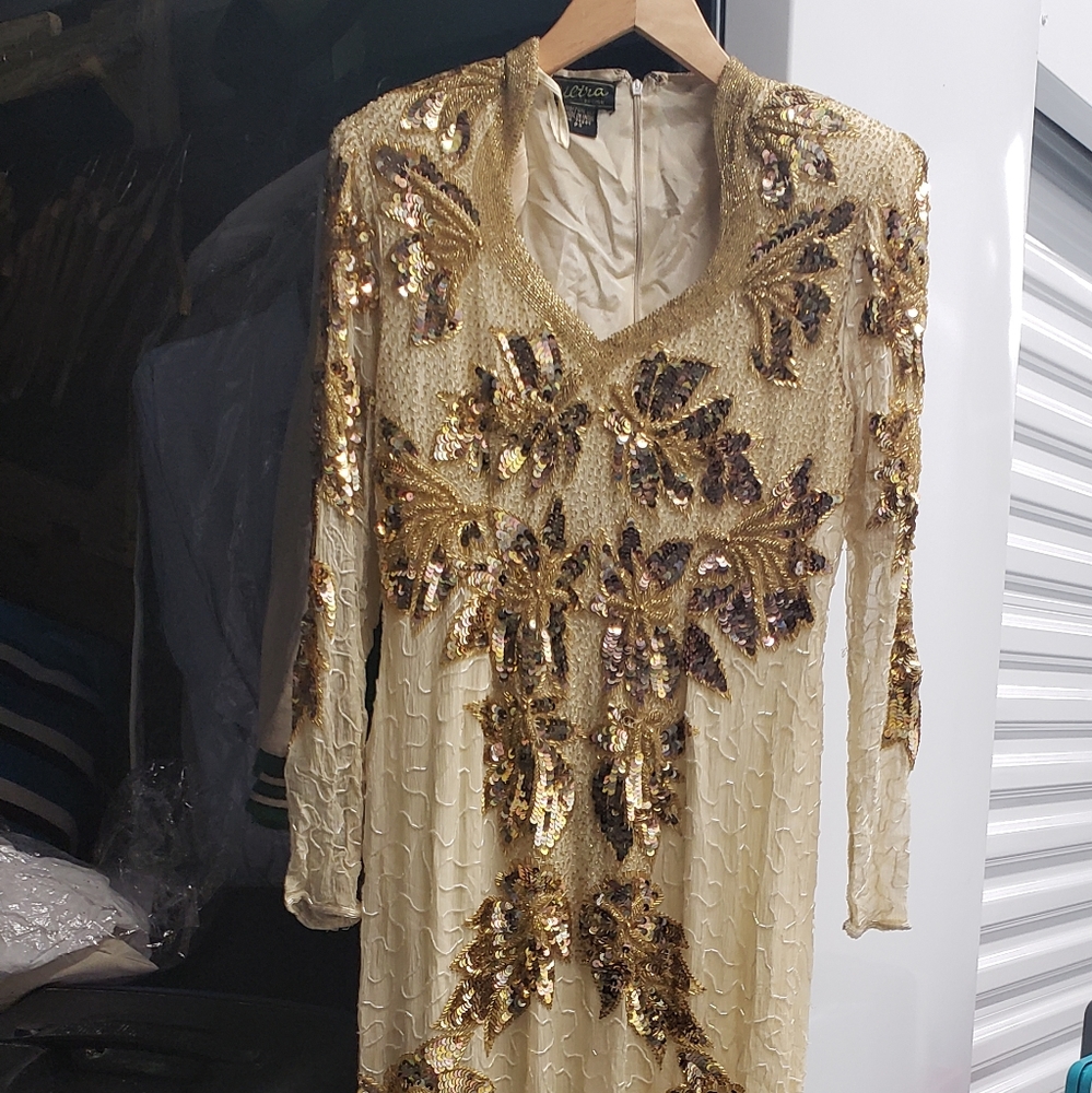 Vintage Ultra Formal Gold and Cream dress size PS - Picture 1 of 8